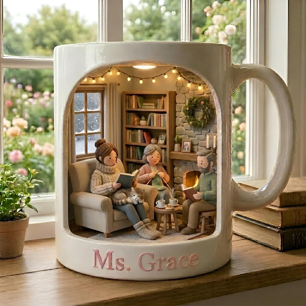 Personalized Family Mug,Custom Name Coffee Cup,Cozy Miniature Home Scene Design,Unique Gift for Mom Grandma,Warm Family Gathering CeramicCup
