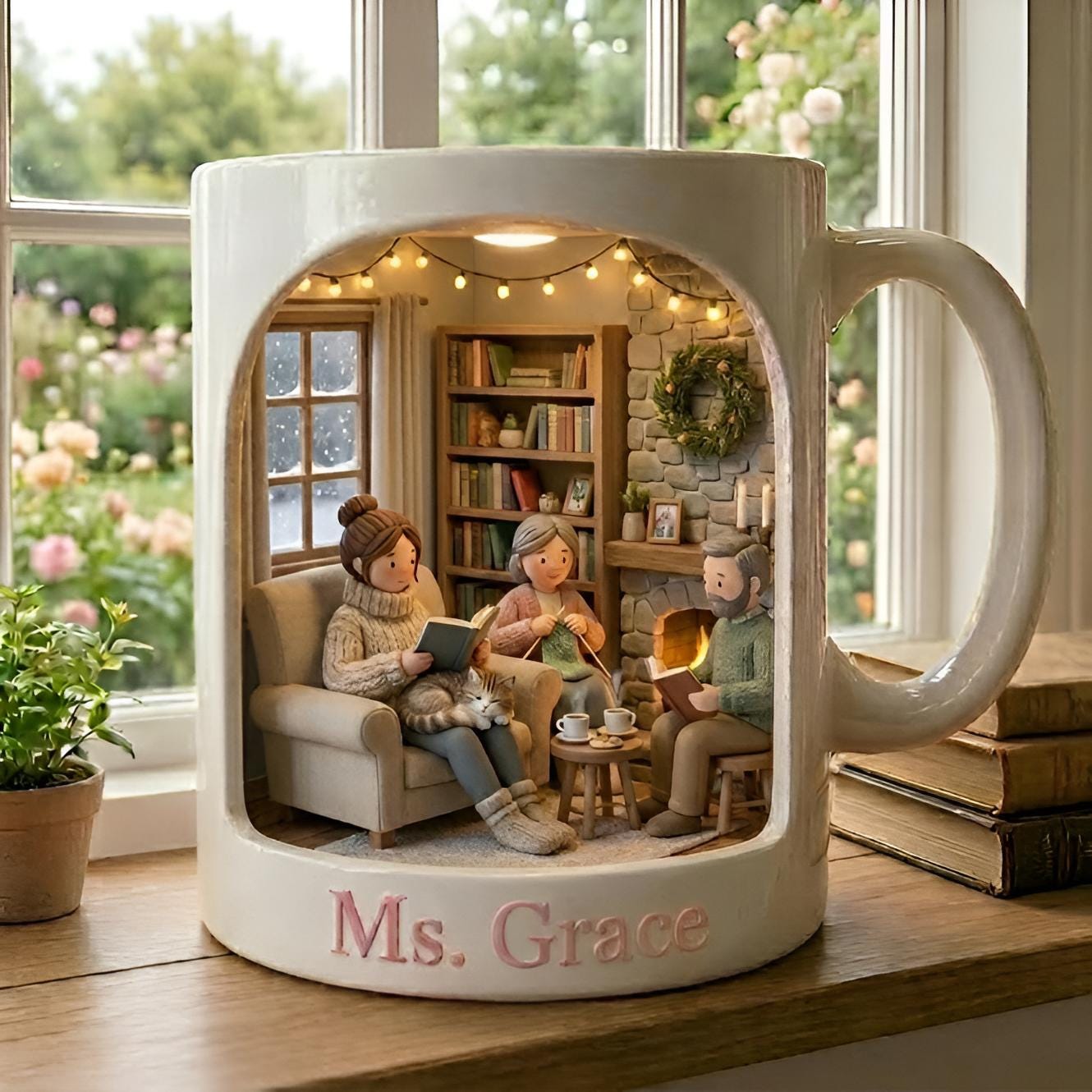 Personalized Family Mug,Custom Name Coffee Cup,Cozy Miniature Home Scene Design,Unique Gift for Mom Grandma,Warm Family Gathering CeramicCup