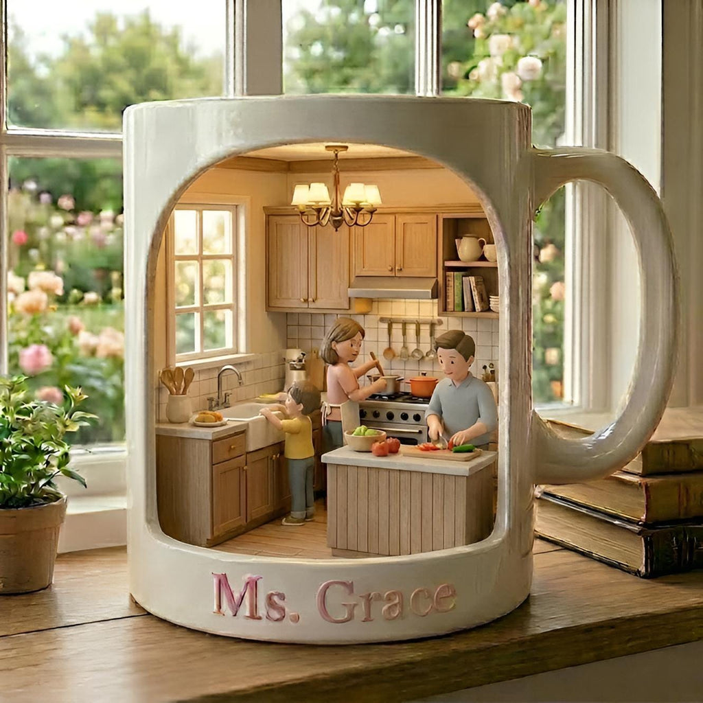Personalized Family Mug,Custom Name Coffee Cup,Cozy Miniature Home Scene Design,Unique Gift for Mom Grandma,Warm Family Gathering CeramicCup