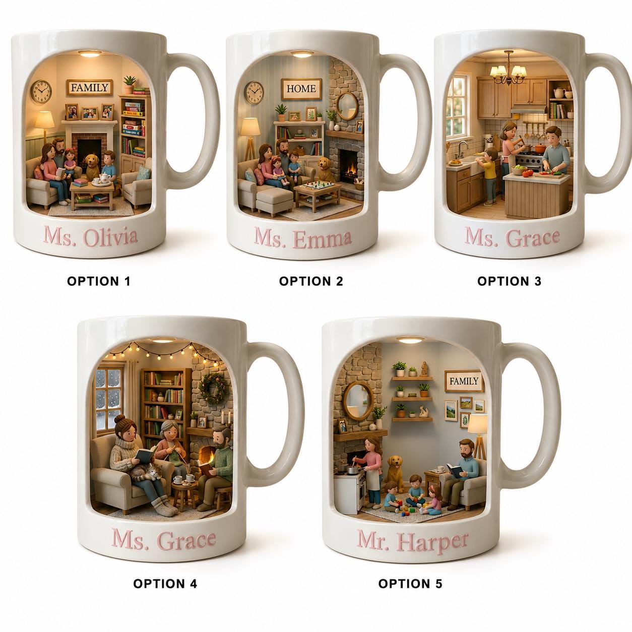 Personalized Family Mug,Custom Name Coffee Cup,Cozy Miniature Home Scene Design,Unique Gift for Mom Grandma,Warm Family Gathering CeramicCup