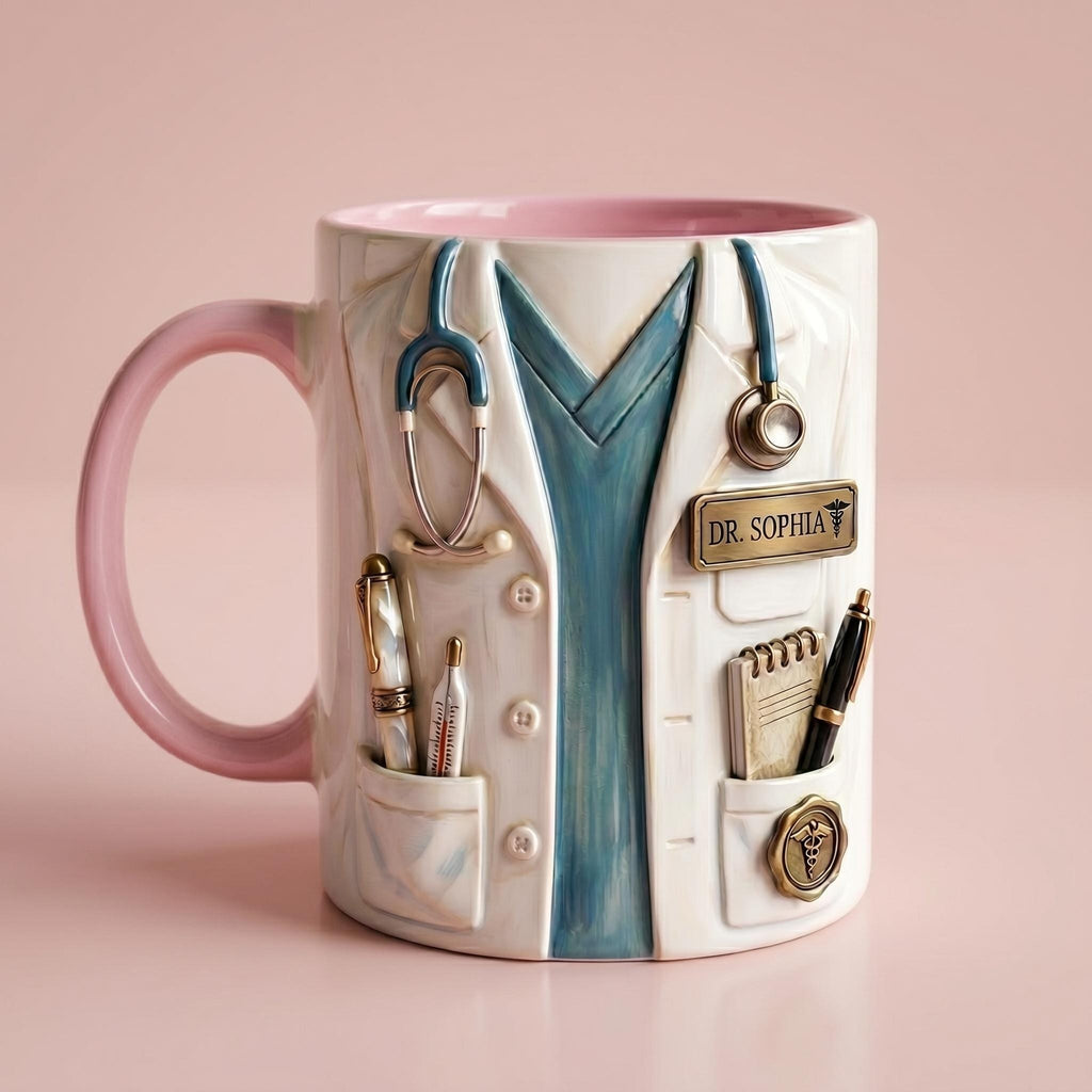 Personalized Doctor Mug, Custom Name Medical Coffee Cup, Faux 3D Stethoscope Design