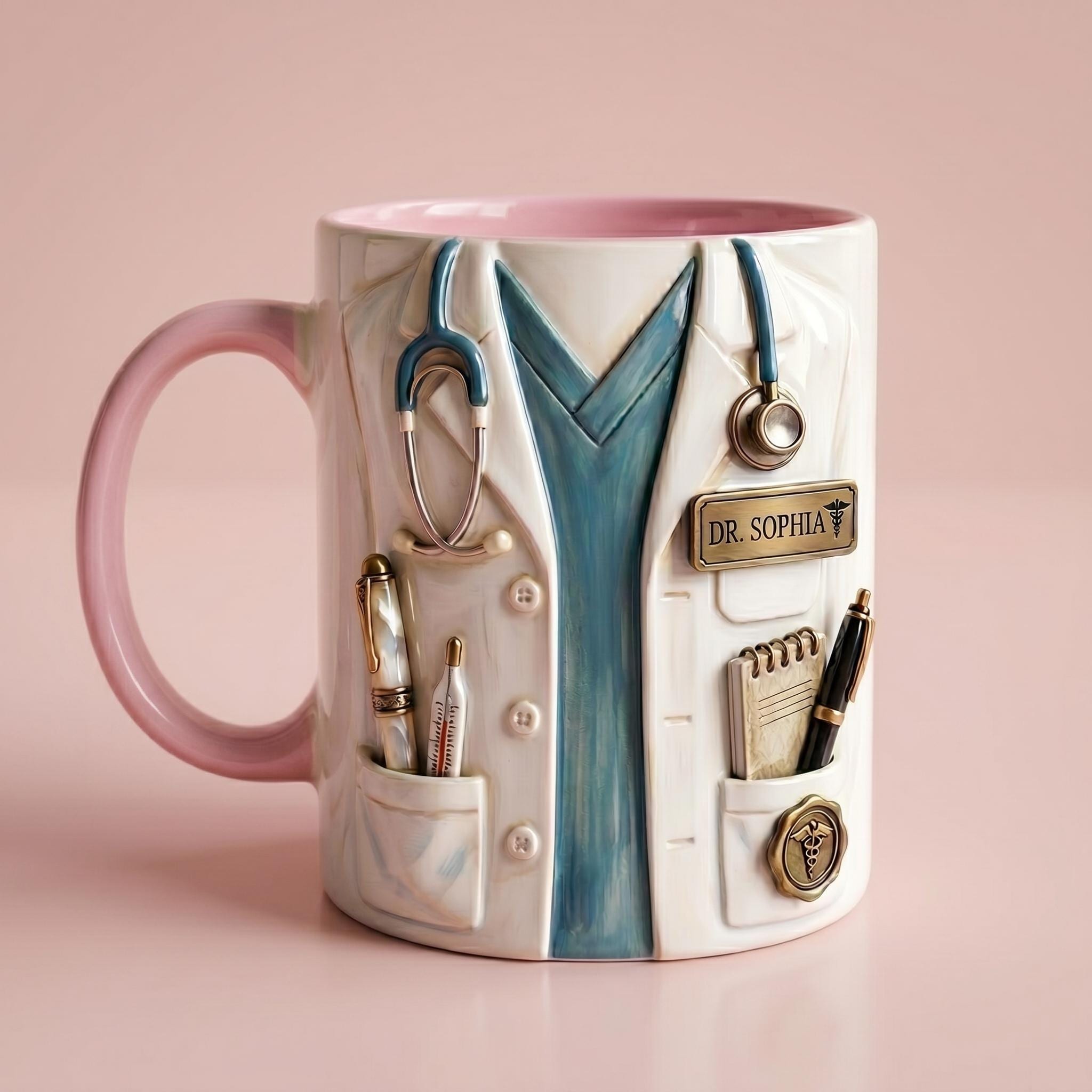 Personalized Doctor Mug, Custom Name Medical Coffee Cup, Faux 3D Stethoscope Design