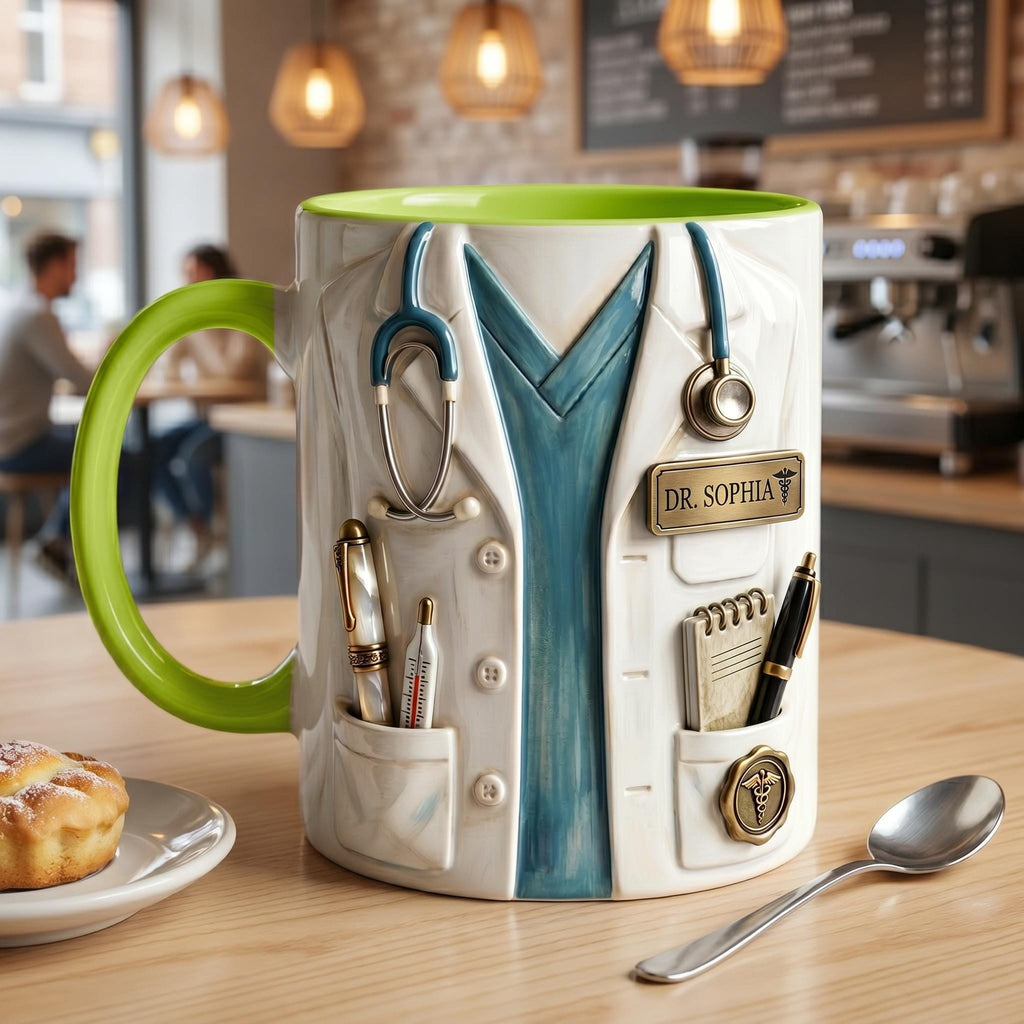 Personalized Doctor Mug, Custom Name Medical Coffee Cup, Faux 3D Stethoscope Design