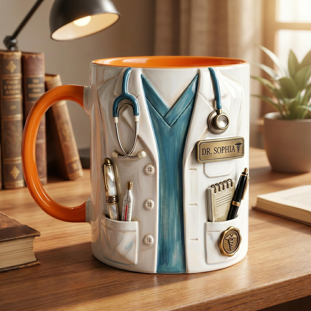 Personalized Doctor Mug, Custom Name Medical Coffee Cup, Faux 3D Stethoscope Design