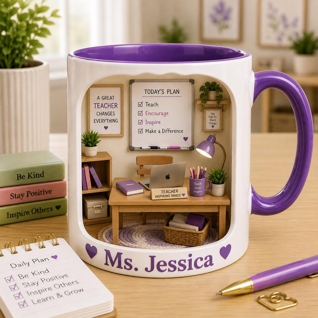 Personalized Teacher Mug, Custom Name Mug, Cute Miniature Classroom 3D effects Mug, Back To School Teacher Gift, Teacher Gift for Women