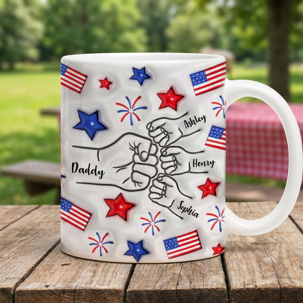 Proud Dad Grandpa 4th of July Mug, Personalized Fist Bump Coffee Mug, Custom USA Flag 3D Inflated Effect Mug, Patriotic Gift for Dad Grandpa
