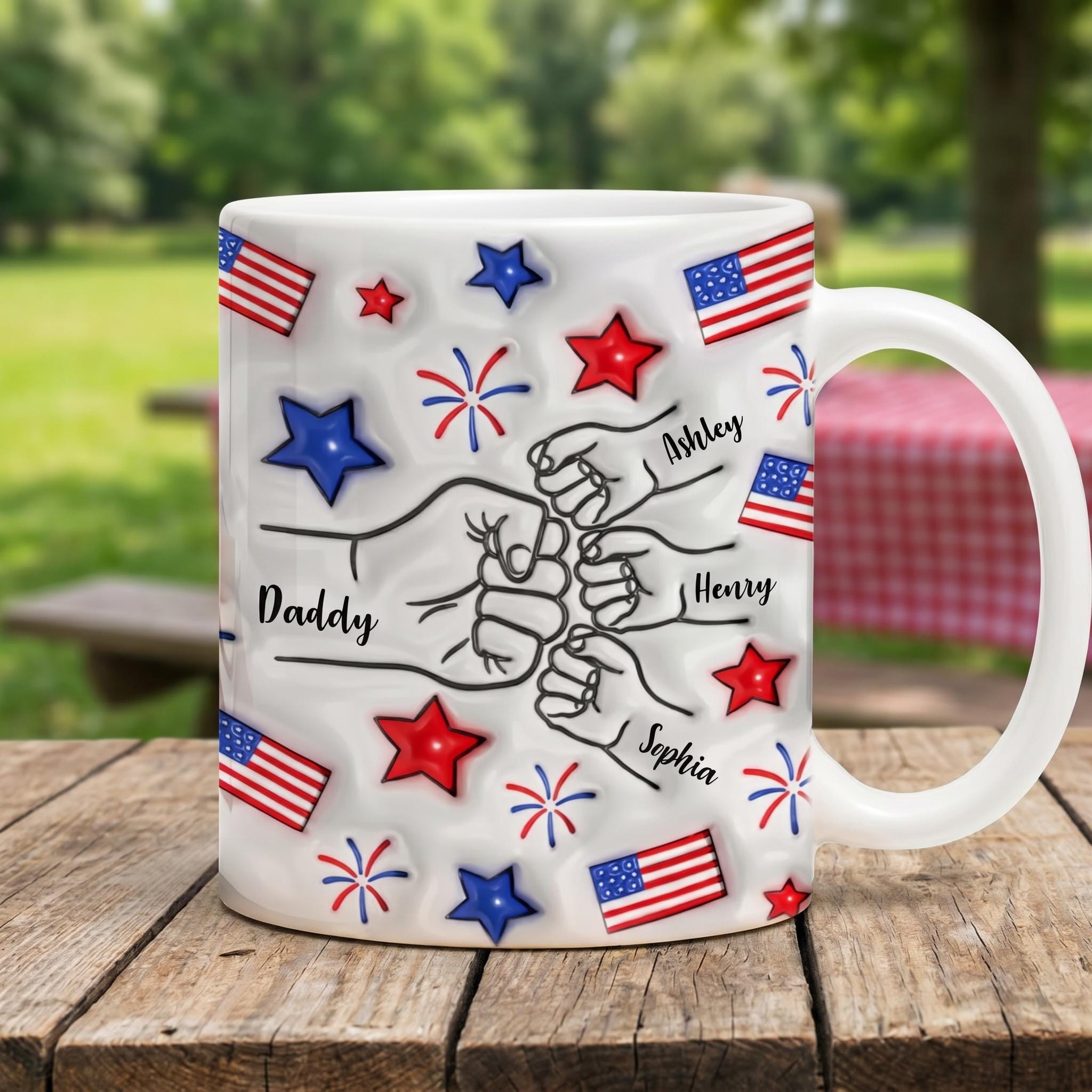 Proud Dad Grandpa 4th of July Mug, Personalized Fist Bump Coffee Mug, Custom USA Flag 3D Inflated Effect Mug, Patriotic Gift for Dad Grandpa