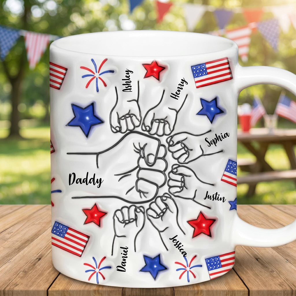 Proud Dad Grandpa 4th of July Mug, Personalized Fist Bump Coffee Mug, Custom USA Flag 3D Inflated Effect Mug, Patriotic Gift for Dad Grandpa