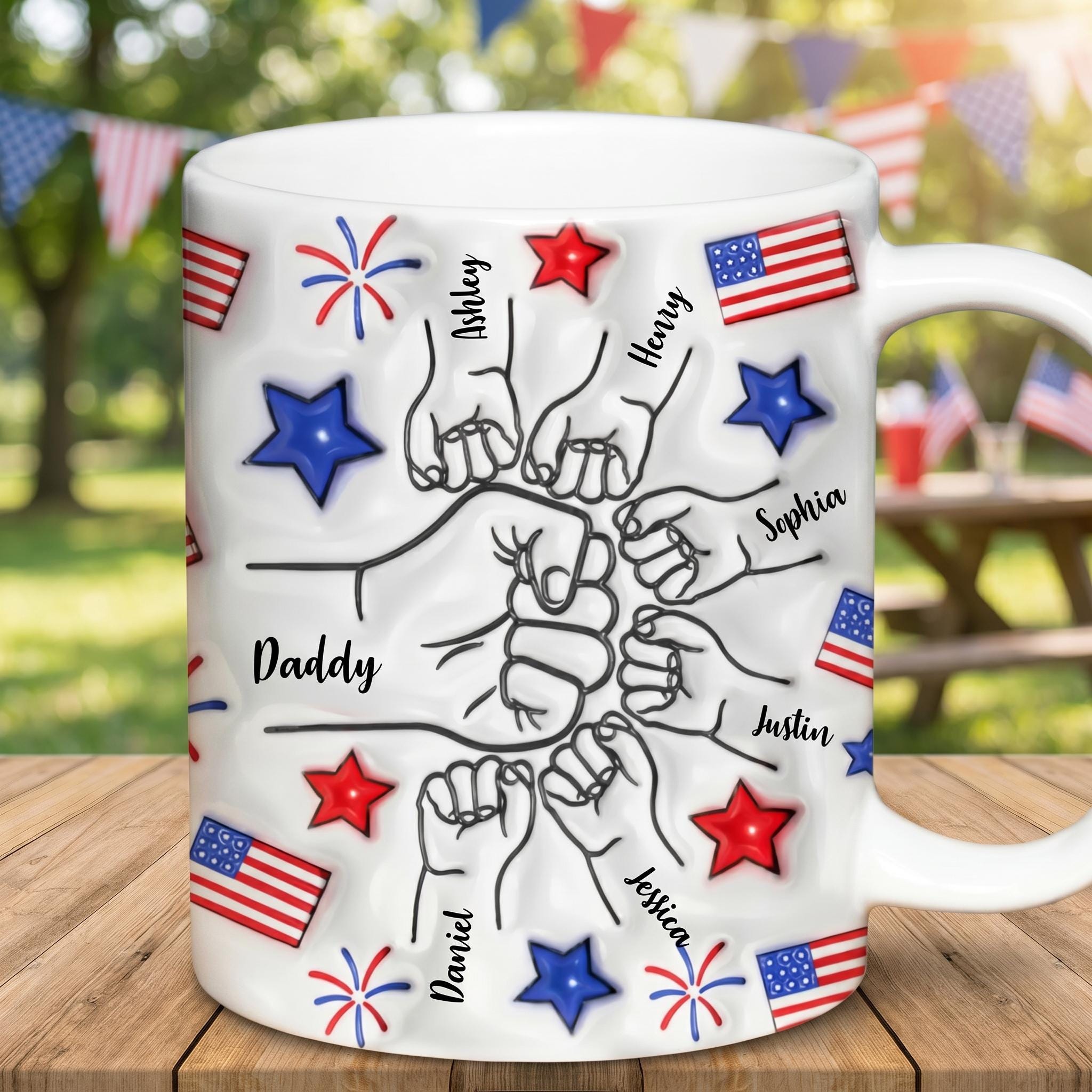 Proud Dad Grandpa 4th of July Mug, Personalized Fist Bump Coffee Mug, Custom USA Flag 3D Inflated Effect Mug, Patriotic Gift for Dad Grandpa