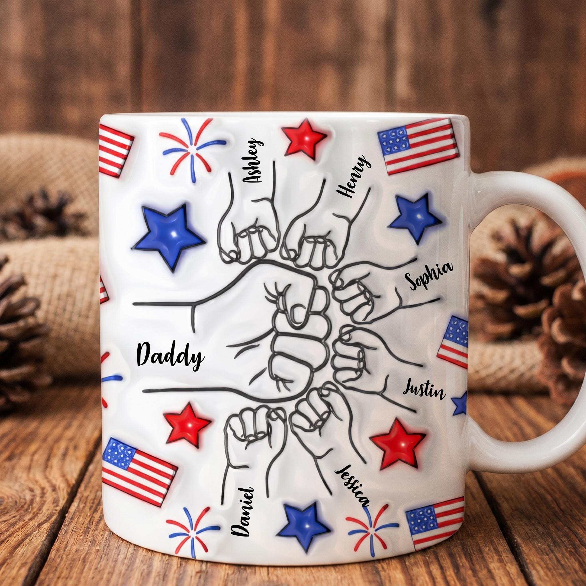 Proud Dad Grandpa 4th of July Mug, Personalized Fist Bump Coffee Mug, Custom USA Flag 3D Inflated Effect Mug, Patriotic Gift for Dad Grandpa