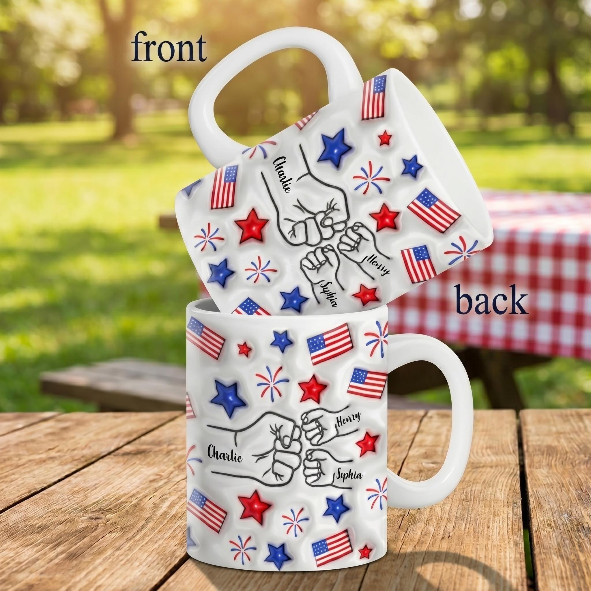 Proud Dad Grandpa 4th of July Mug, Personalized Fist Bump Coffee Mug, Custom USA Flag 3D Inflated Effect Mug, Patriotic Gift for Dad Grandpa