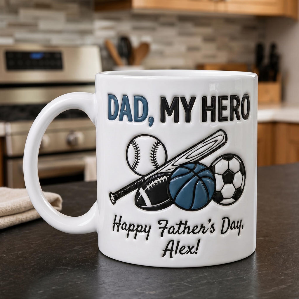 Personalized 3D Inflated Effect Sports Dad Mug, Custom Father's Day Mug, Dad My Hero Coffee Cup, Baseball Soccer Basketball Gift For Dad
