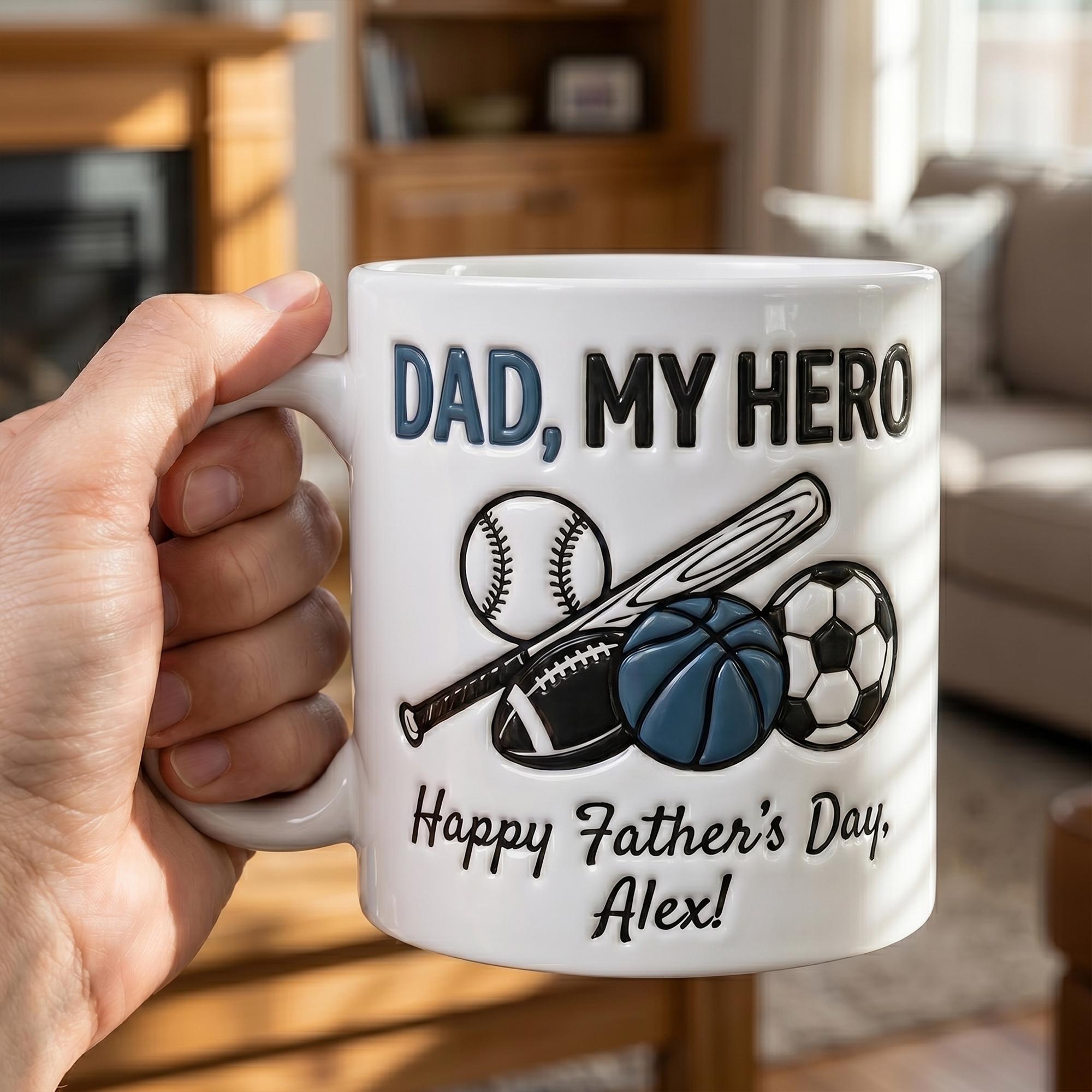 Personalized 3D Inflated Effect Sports Dad Mug, Custom Father's Day Mug, Dad My Hero Coffee Cup, Baseball Soccer Basketball Gift For Dad
