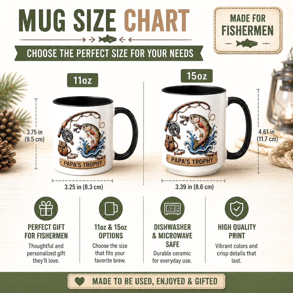 Fishing Mug for Dad, Fishing Lover Gift for Dad Coffee Mug Personalized Papa's Trophy Dad Husband, Camping and Hiking Outdoors Gifts