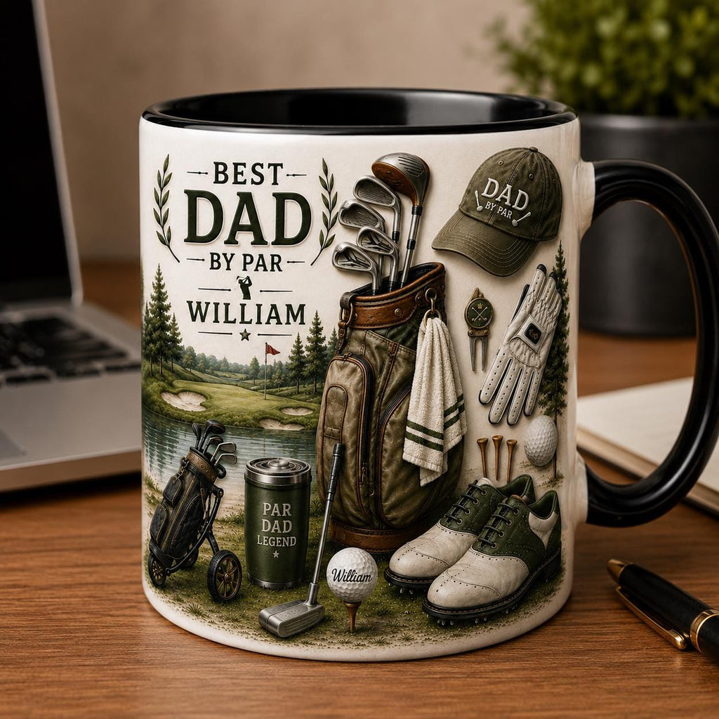 Personalized Best Dad By Par Ceramic Mug, Daddy Coffee and Tea Cup For Golf Lover, 3D Mug Gift For Father's Day