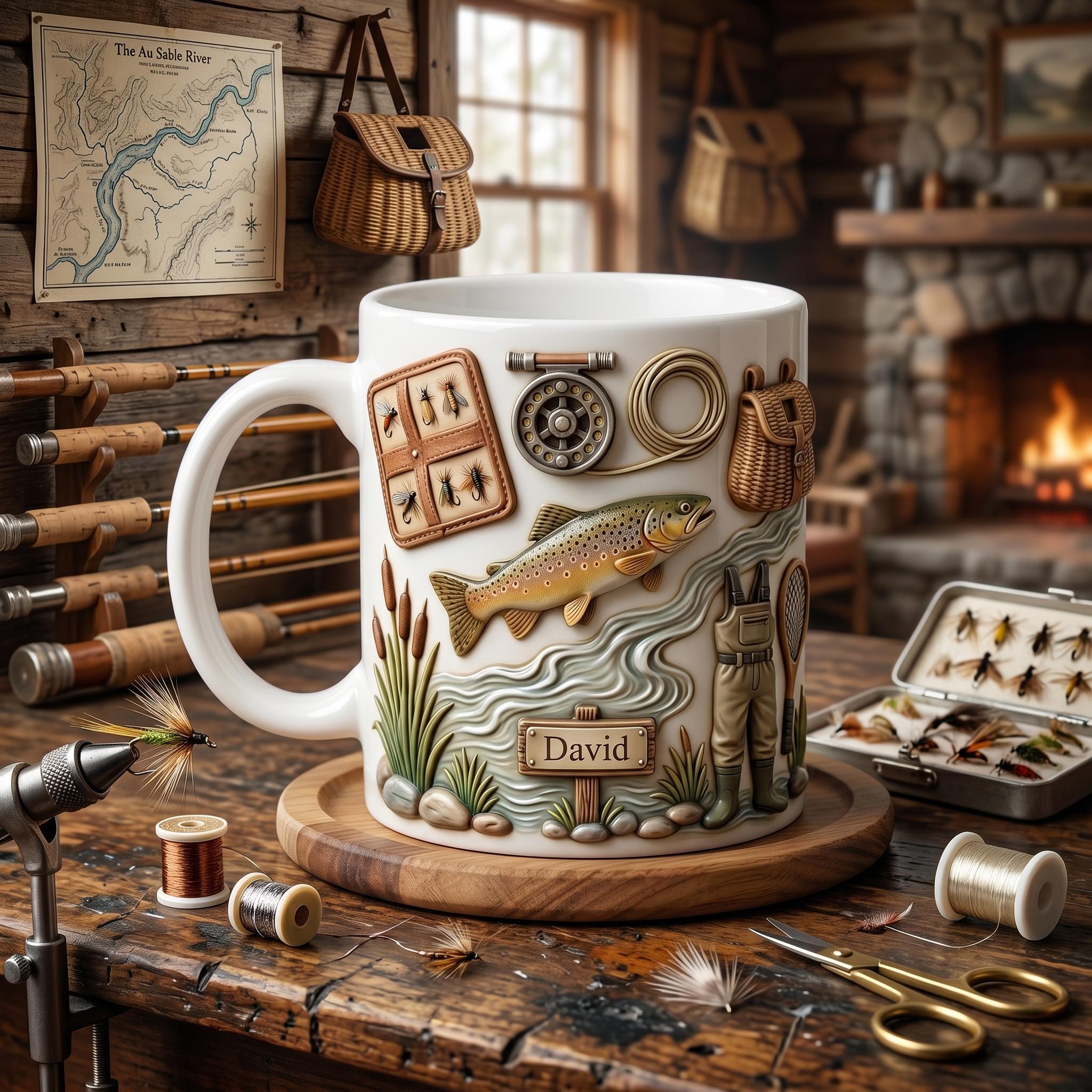 Fly Fishing Mug Personalized, Trout Fisherman Gift, Custom Name Coffee Cup, Fishing Gift for Dad, Father Day Fisherman, Rustic Cabin Decor