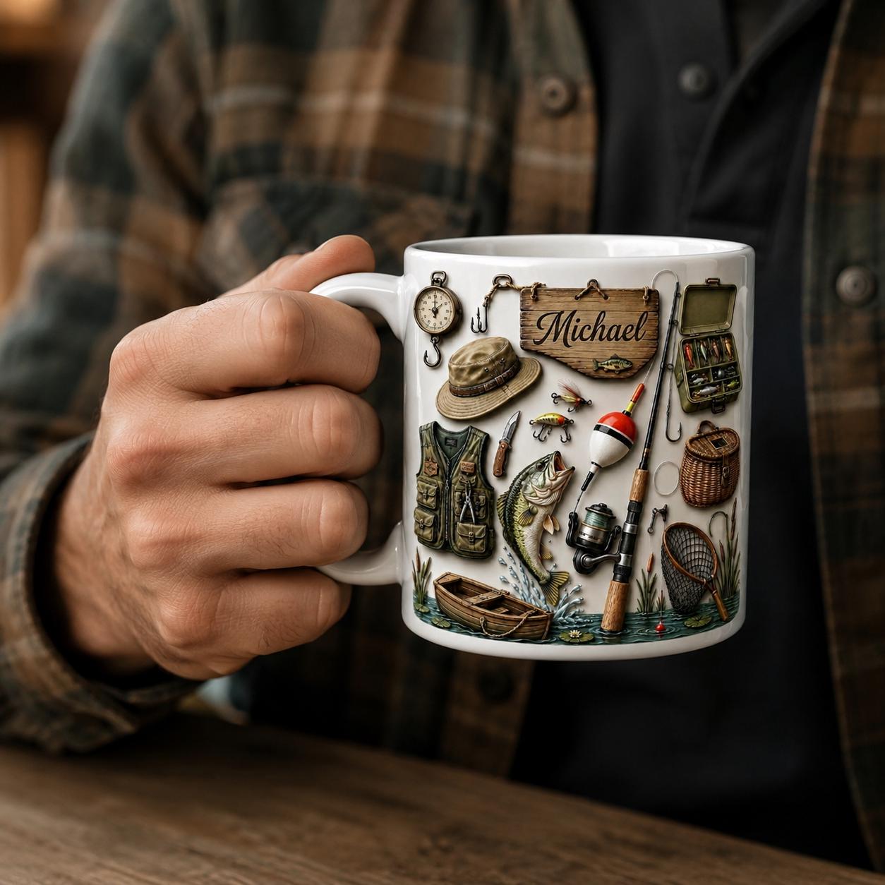 Personalized Fishing Faux 3D Effect Accent Mug, Fishing Coffee Mug, Father's Day Gift, Gift For Fisherman, 2D PRINTED MUG