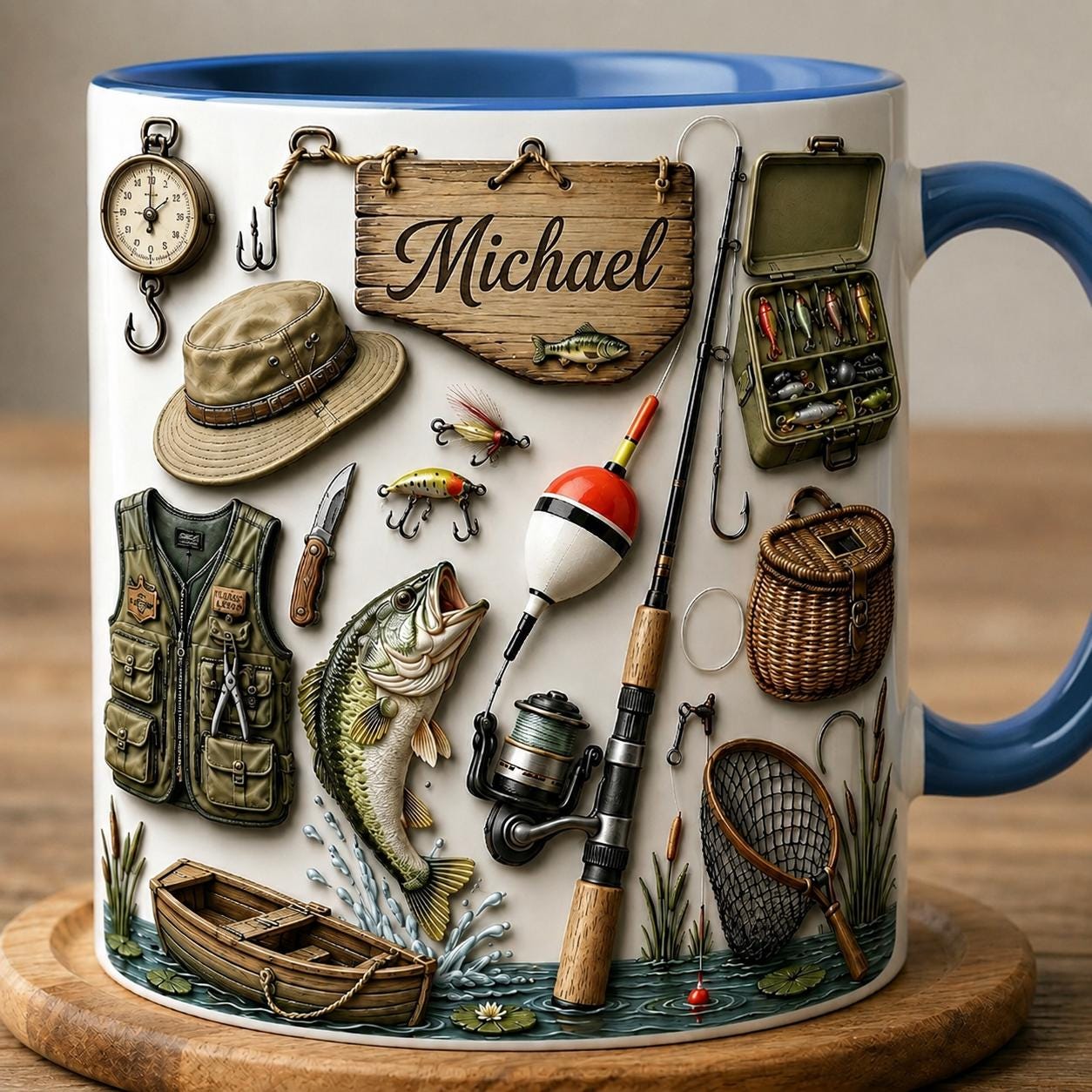 Personalized Fishing Faux 3D Effect Accent Mug, Fishing Coffee Mug, Father's Day Gift, Gift For Fisherman, 2D PRINTED MUG