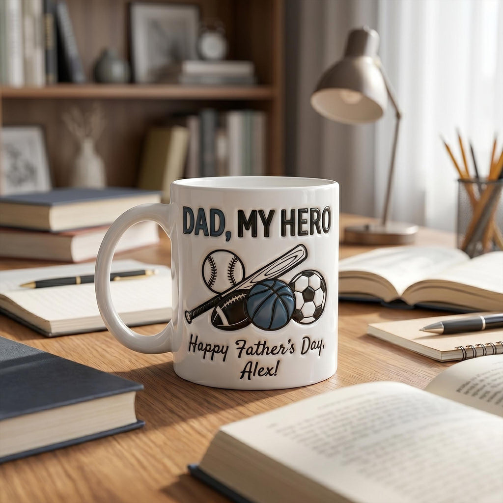 Personalized 3D Inflated Effect Sports Dad Mug, Custom Father's Day Mug, Dad My Hero Coffee Cup, Baseball Soccer Basketball Gift For Dad