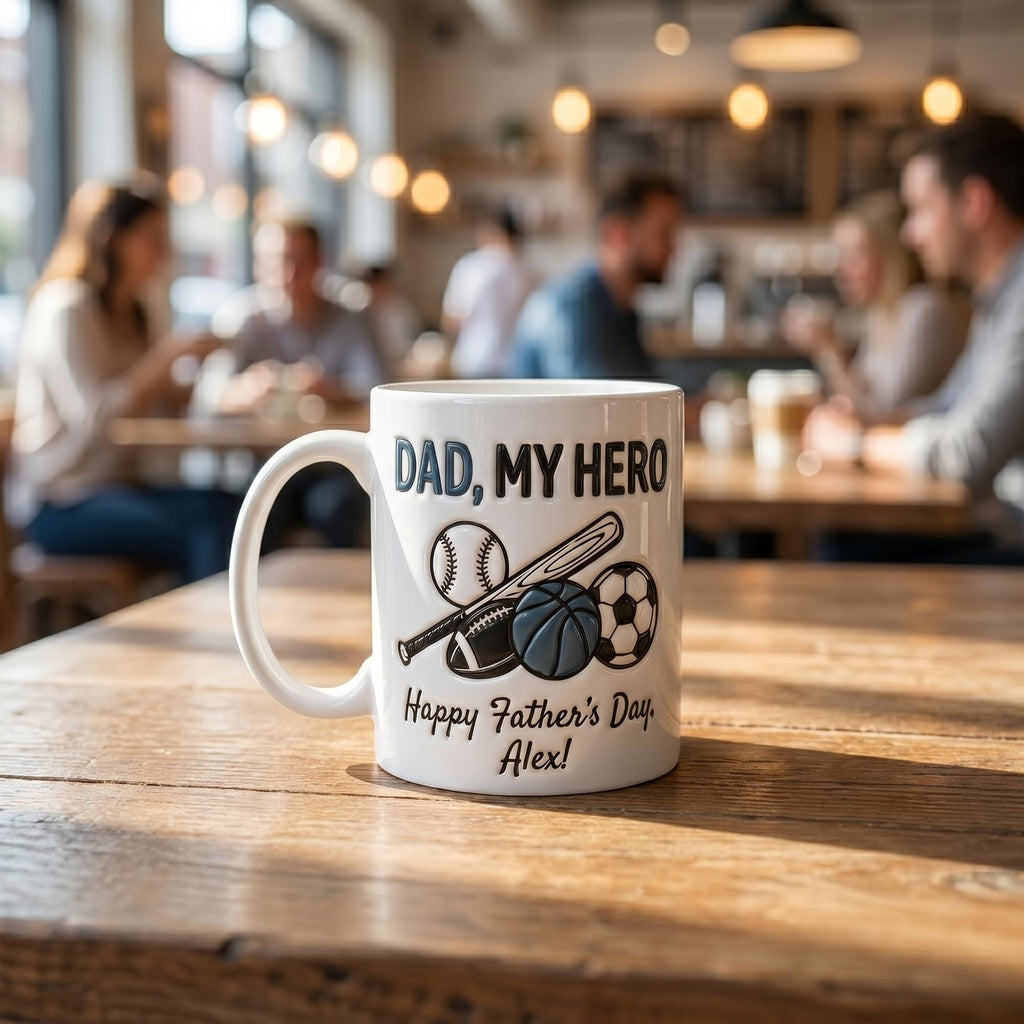 Personalized 3D Inflated Effect Sports Dad Mug, Custom Father's Day Mug, Dad My Hero Coffee Cup, Baseball Soccer Basketball Gift For Dad