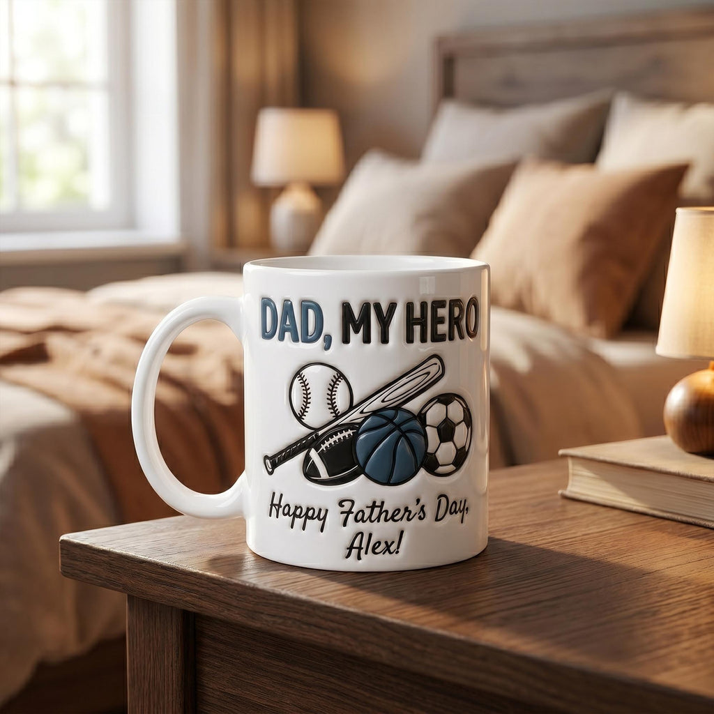 Personalized 3D Inflated Effect Sports Dad Mug, Custom Father's Day Mug, Dad My Hero Coffee Cup, Baseball Soccer Basketball Gift For Dad
