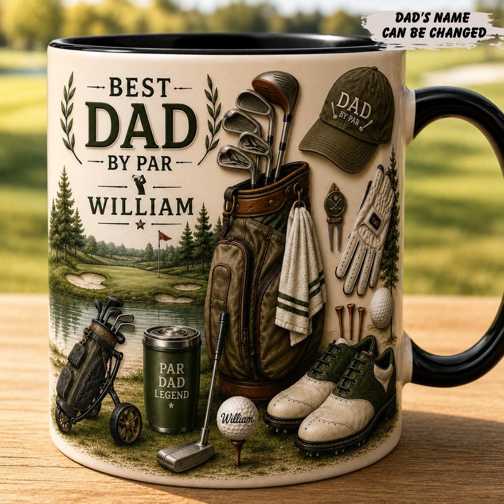 Personalized Best Dad By Par Ceramic Mug, Daddy Coffee and Tea Cup For Golf Lover, 3D Mug Gift For Father's Day