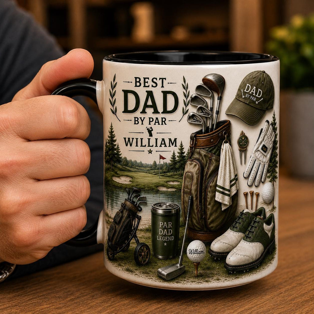Personalized Best Dad By Par Ceramic Mug, Daddy Coffee and Tea Cup For Golf Lover, 3D Mug Gift For Father's Day