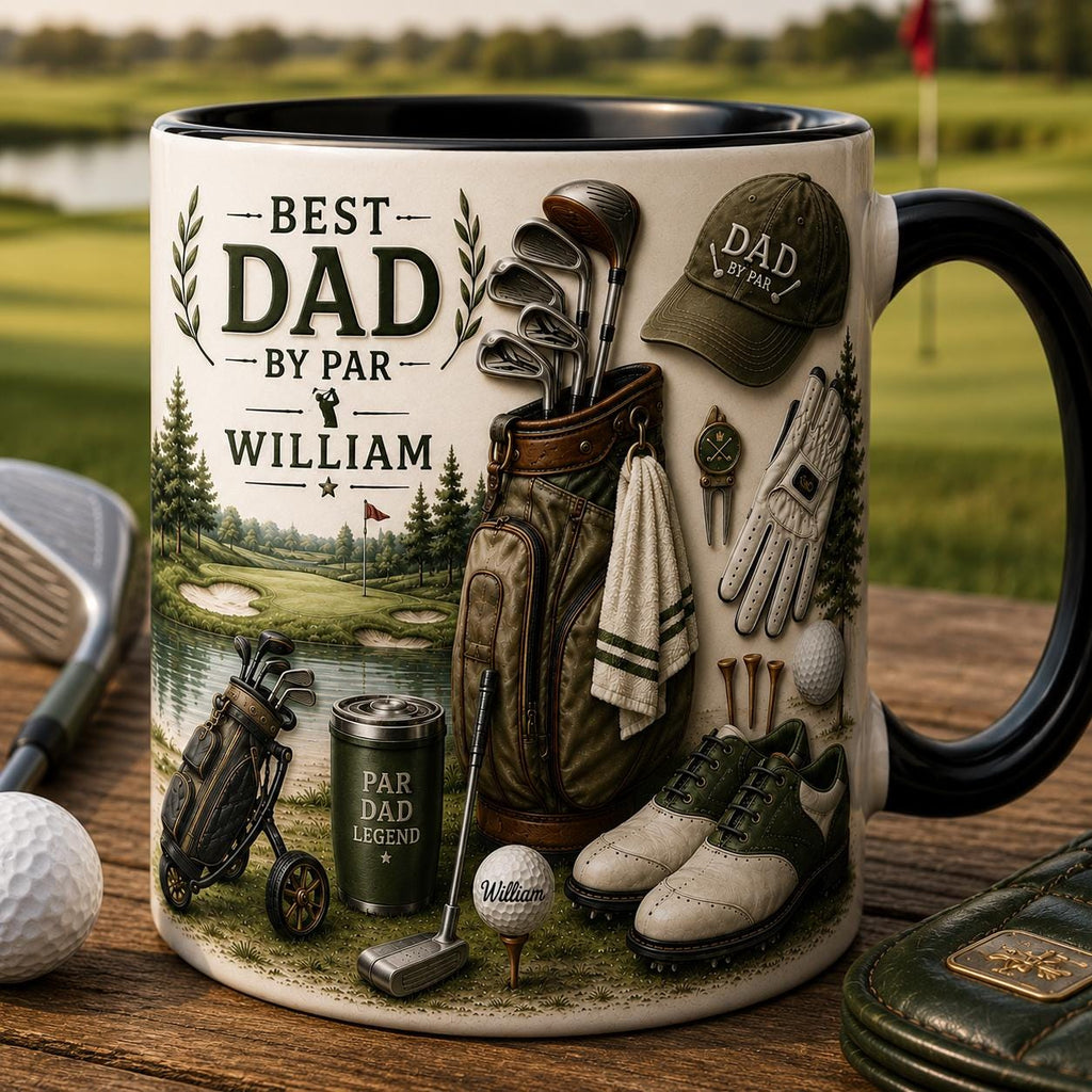 Personalized Best Dad By Par Ceramic Mug, Daddy Coffee and Tea Cup For Golf Lover, 3D Mug Gift For Father's Day