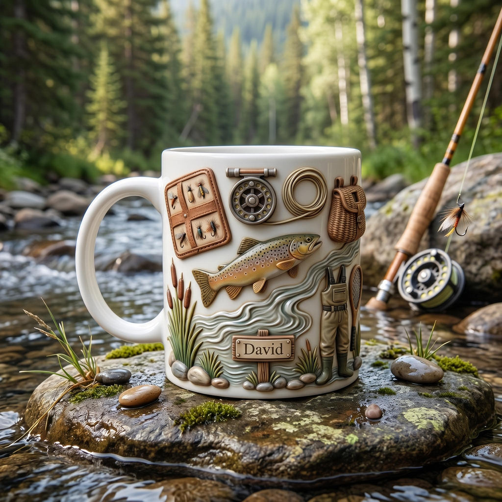 Fly Fishing Mug Personalized, Trout Fisherman Gift, Custom Name Coffee Cup, Fishing Gift for Dad, Father Day Fisherman, Rustic Cabin Decor