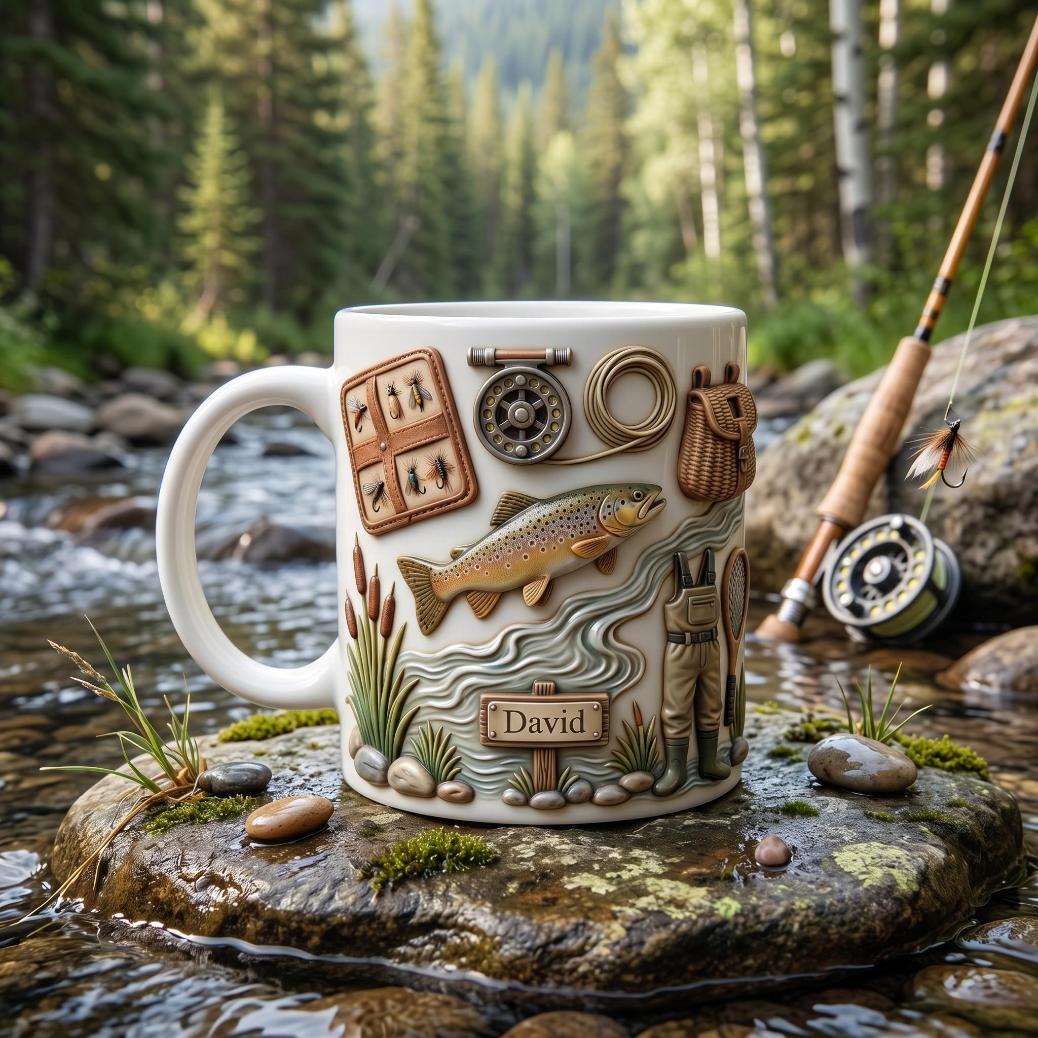 Fly Fishing Mug Personalized, Trout Fisherman Gift, Custom Name Coffee Cup, Fishing Gift for Dad, Father Day Fisherman, Rustic Cabin Decor