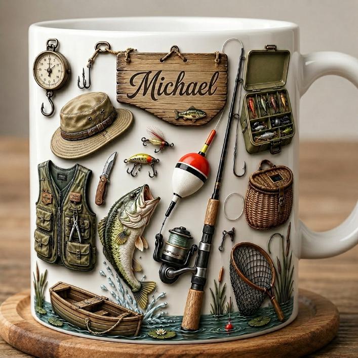 Personalized Fishing Faux 3D Effect Accent Mug, Fishing Coffee Mug, Father's Day Gift, Gift For Fisherman, 2D PRINTED MUG